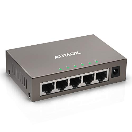 Aumox 5 Port Gigabit Ethernet Network Switch, Desktop, Unmanaged Ethernet Splitter, Durable Metal Casing, Traffic Optimization, Fanless Quite, Plug and Play（AM-SG205）