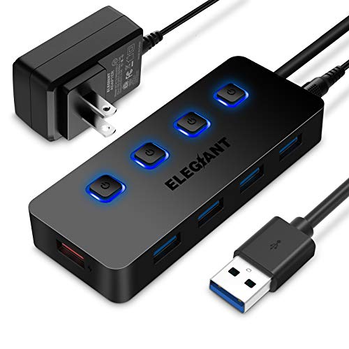 ELEGIANT USB Hub 3.0, 4 Port USB 3.0 Hub +1 USB Smart Charging Port, USB Splitter with Individual On/Off Switch and 5V/2.4A Power Adapter for Computer MacBook Laptop PC iPhone
