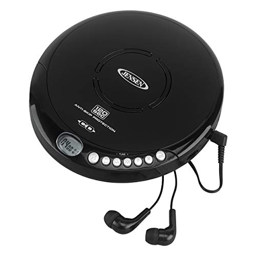 Jensen Portable CD-120BK Portable Personal CD Player Compact 120 SEC Anti-Skip CD Player – Lightweight & Shockproof Music Disc Player & FM Radio Pro-Earbuds for Kids & Adults