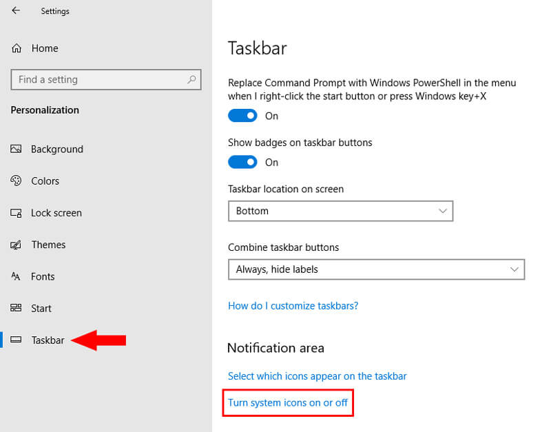 Taskbar settings Windows 10