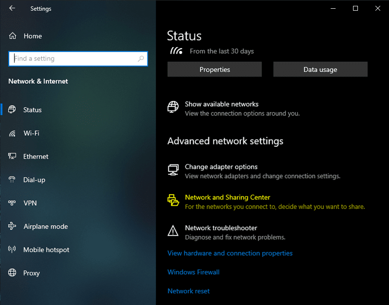 Network sharing center menu