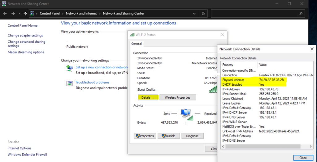 Network connection details