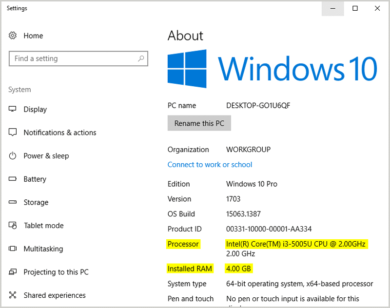 About Your PC Windows 10