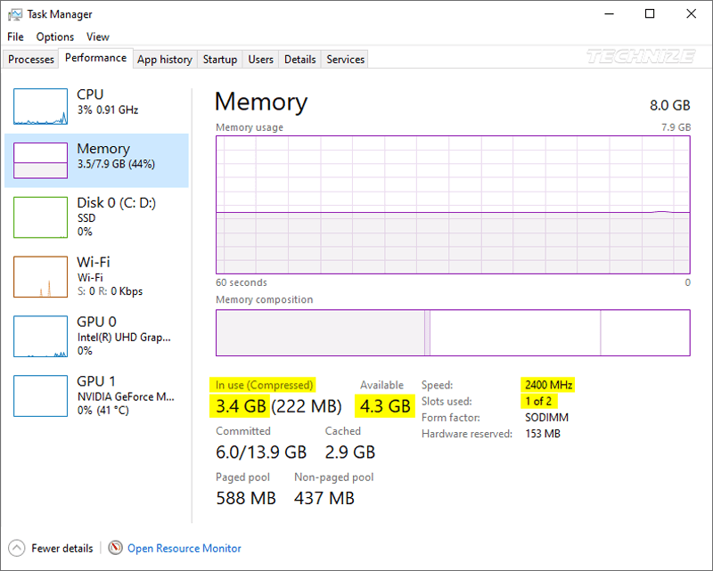 RAM info task manager