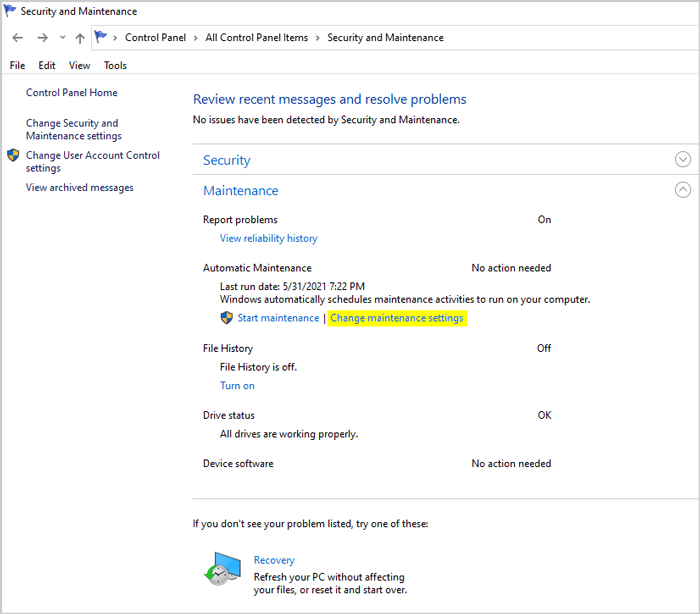 Windows Change maintenance settings