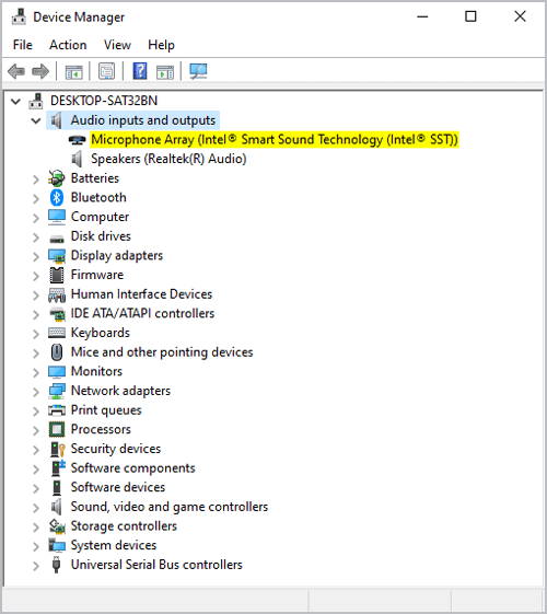 Windows device manager audio inputs and outputs