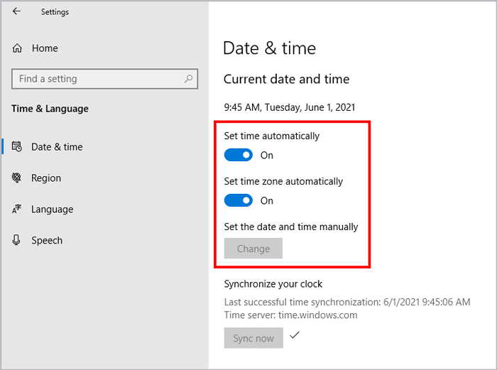 Windows time and language settings